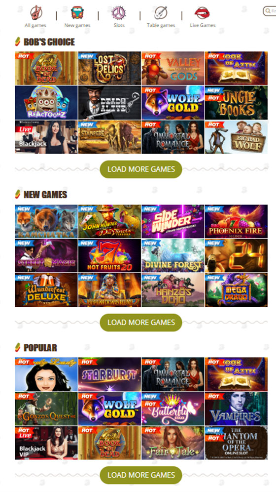 Available Games on Bob Casino