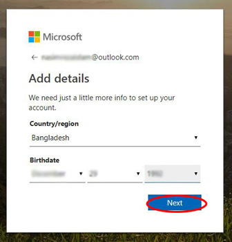 Set up the Live email account with Country or region and birth date