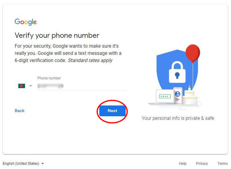 Verify your phone number for gmail account