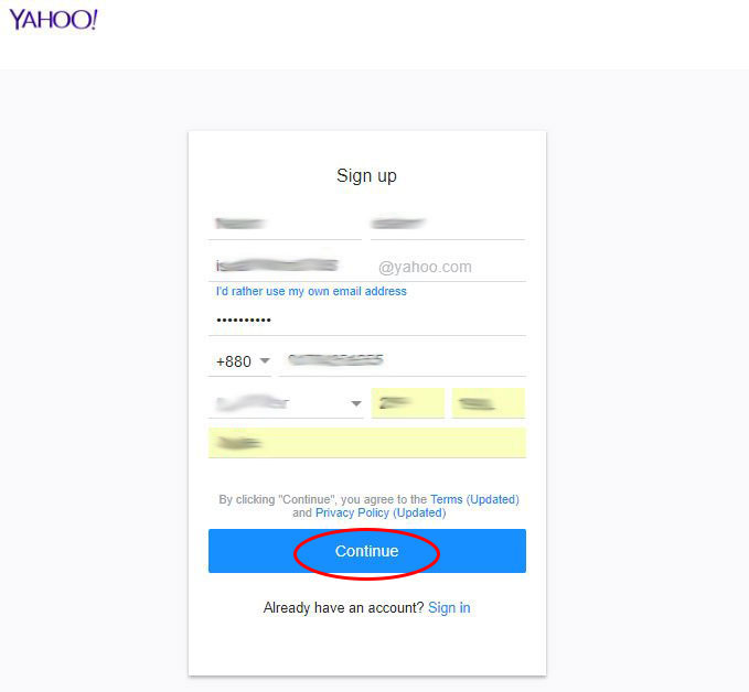 Yahoo sign-up