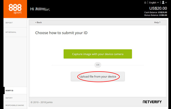 Select upload file from device for 888sport verification
