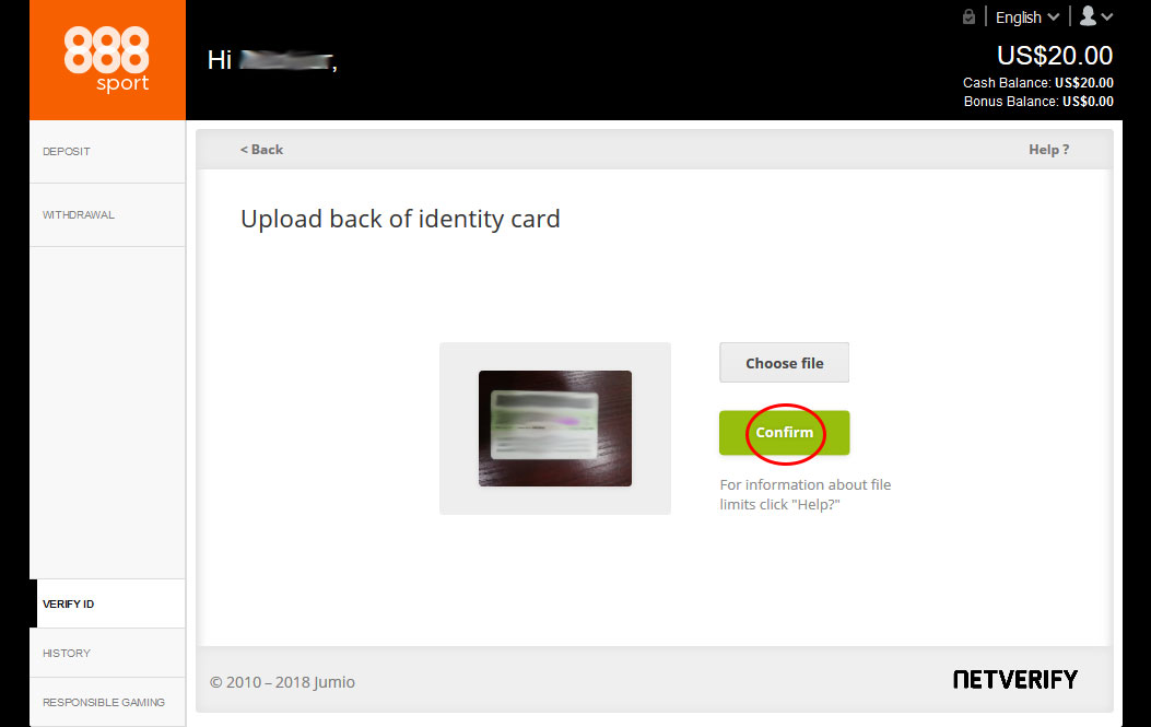 Click confirm to upload ID card image for 888sport verification