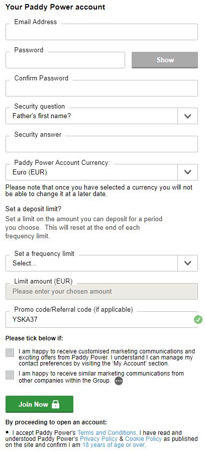 PaddyPower your account sign up