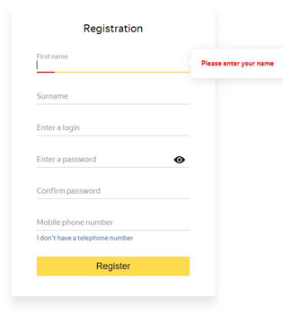 Yandex mail registration form