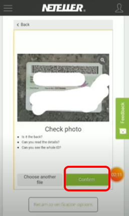 Click confirm to Upload the back side of the ID card